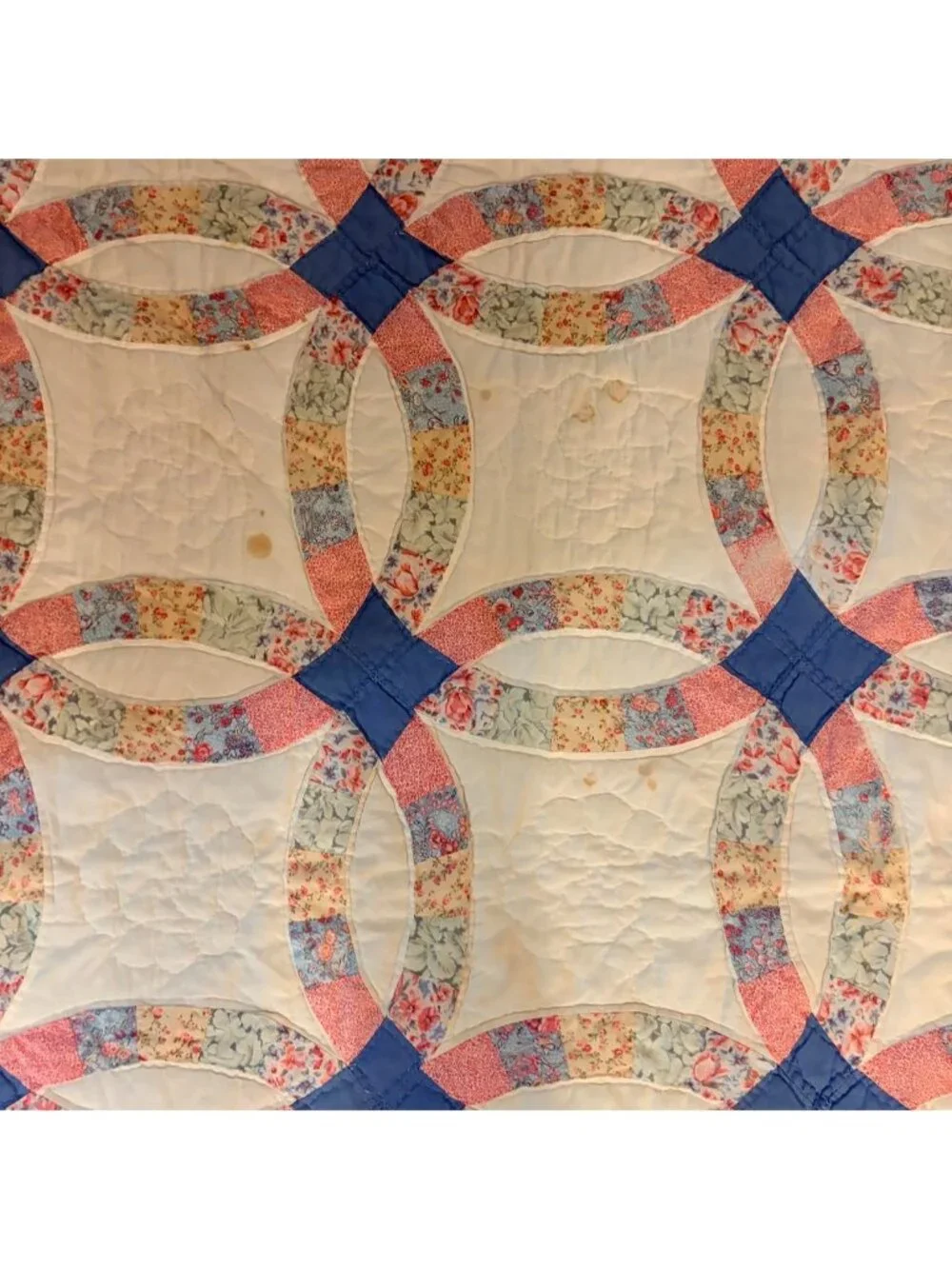 Vintage handmade pastel floral pink and blue wedding ring quilt blanket